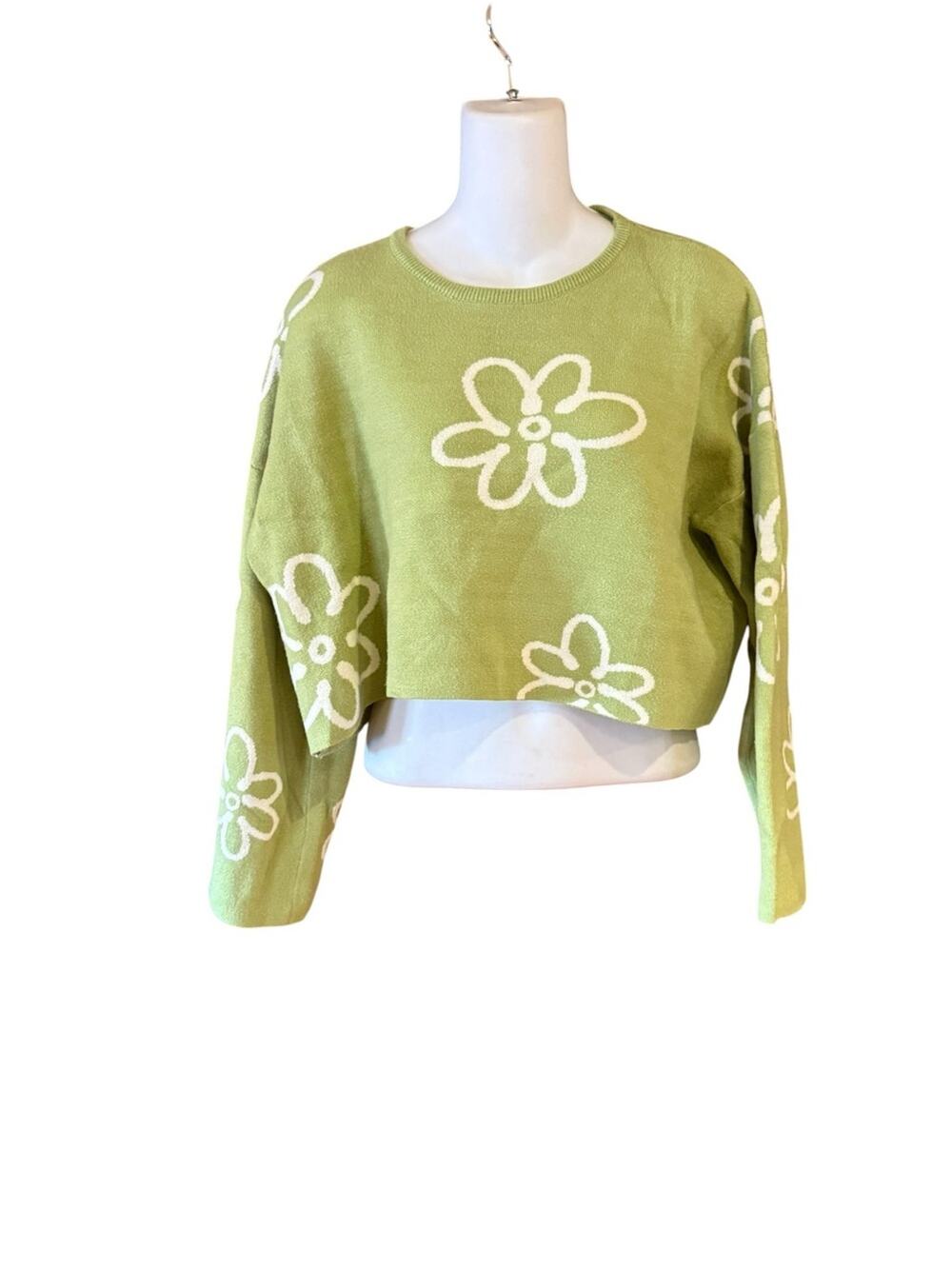 Papermoon Women’s Large Light Green Cropped Long Sleeve Floral Sweater